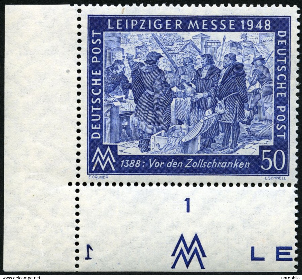 ALLIIERTE BES. 967Pl-Nr. **, 1948, 50 Pf. Leipziger Messe, Linke Untere Bogenecke Mit Platten-Nr. 1, Pracht, Mi. 70.- - Autres & Non Classés