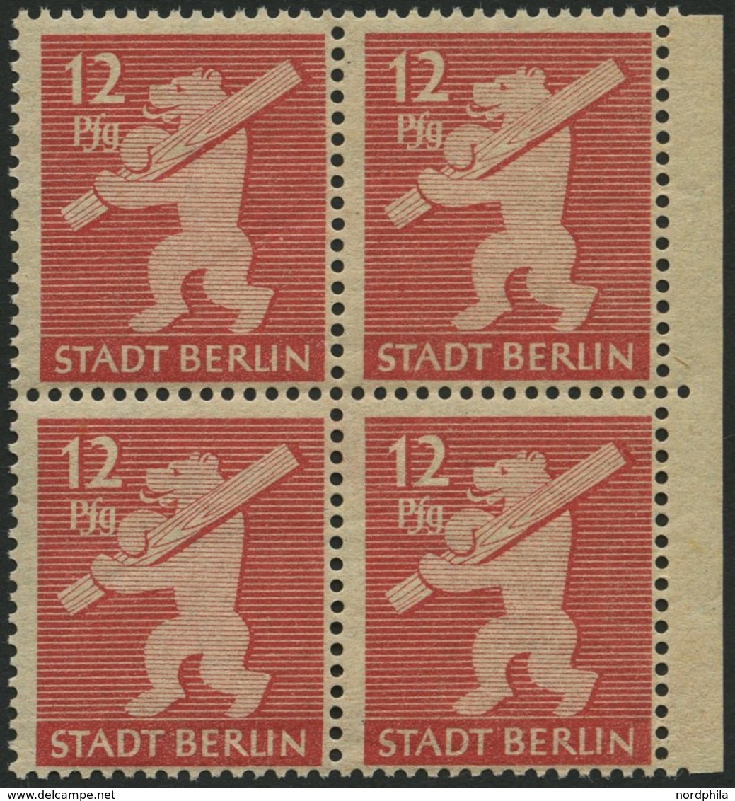 BERLIN UND BRANDENBURG 5AAwax VB **, 1945, 12 Pf. Mittelkarminrot, Graurosa Papier, Glatter Gummi, Im Randviererblock, P - Other & Unclassified