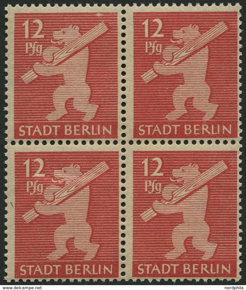 BERLIN UND BRANDENBURG 5AAwax VB **, 1945, 12 Pf. Mittelkarminrot, Graurosa Papier, Glatte Gummierung, Im Viererblock, P - Altri & Non Classificati