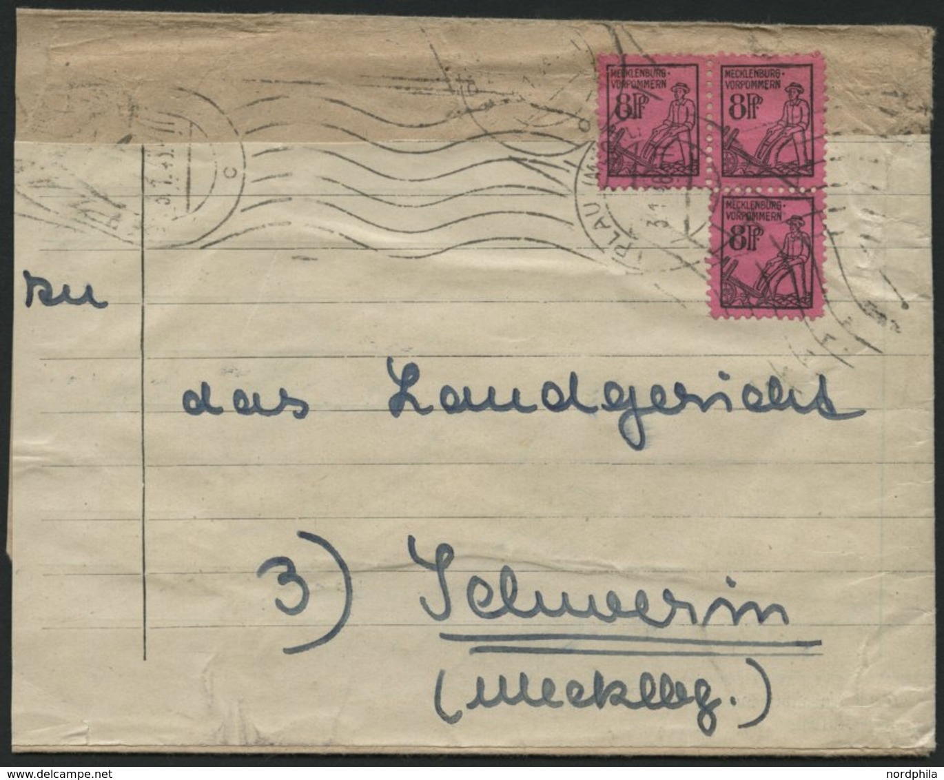 MECKLENBURG-VORPOMMERN 12 BRIEF, 1945, 8 Pf. Schwarz Auf Lilarosa, 3x Auf Brief Von PLAU Nach Schwerin, Leichte Bedarfsm - Other & Unclassified