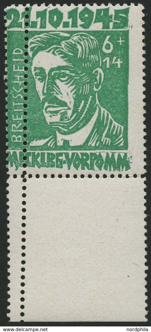MECKLENBURG-VORPOMMERN 20a **, 1945, 6 Pf. Hellgrün Faschismus Mit Senkrechter Doppelzähnung, Unterrandstück, Pracht - Other & Unclassified