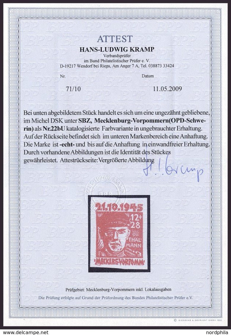 MECKLENBURG-VORPOMMERN 22bU *, 1945, 12 Pf. Orangerot Faschismus, Ungezähnt, Unten Kleine Anhaftung Sonst Pracht, Fotoat - Altri & Non Classificati