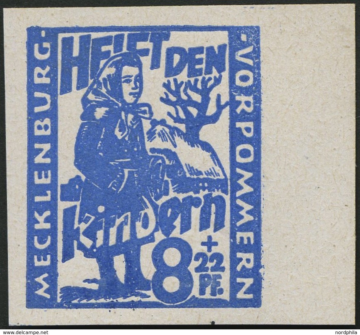 MECKLENBURG-VORPOMMERN 27aDDU **, 1945, 8 Pf. Hellultramarin Kinderhilfe, Doppeldruck, Ungezähnt, Pracht, Gepr. Kramp, M - Autres & Non Classés