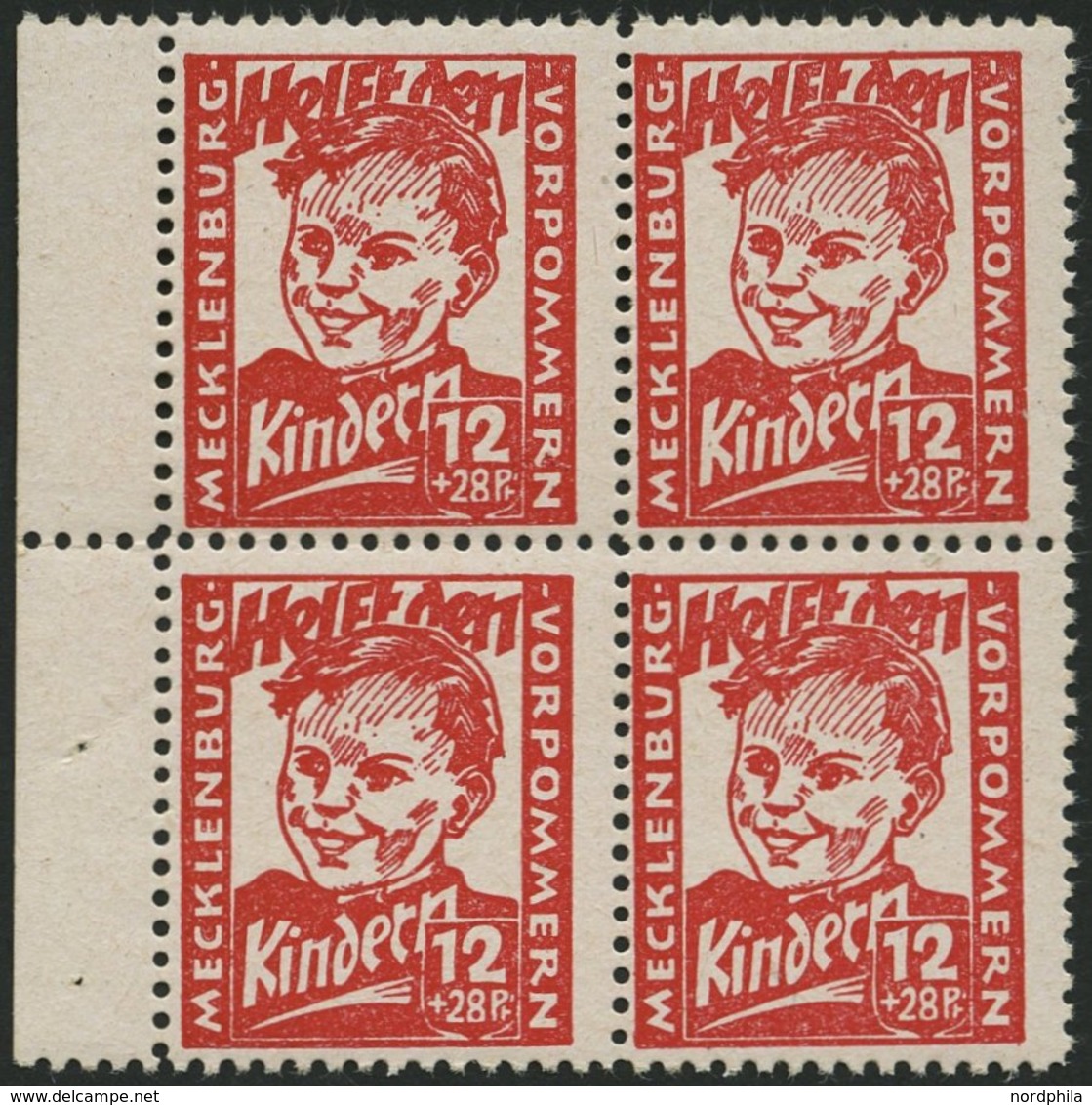 MECKLENBURG-VORPOMMERN 28b VB **, 1945, 12 Pf. Dunkelrosa Kinderhilfe Im Randviererblock, Pracht, Gepr. Kramp, Mi. 320.- - Altri & Non Classificati