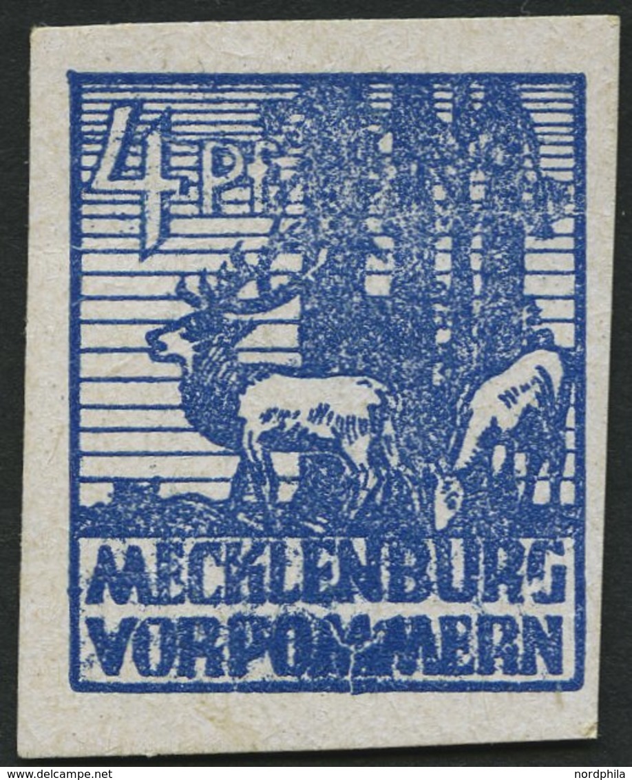 MECKLENBURG-VORPOMMERN 30XIII *, 1946, 4 Pf. Dunkelultramarin Mit Abart MM In Vorpommern Stark Beschädigt Und Verschmier - Autres & Non Classés