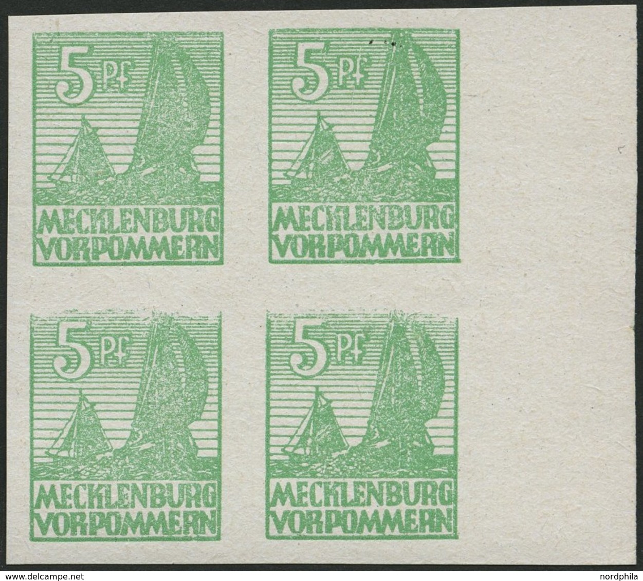 MECKLENBURG-VORPOMMERN 32xb VB **, 1946, 5 Pf. Mittelgrün, Kreidepapier, Im Randviererblock, Dabei Feld 79 Und 80 Mit Ab - Sonstige & Ohne Zuordnung