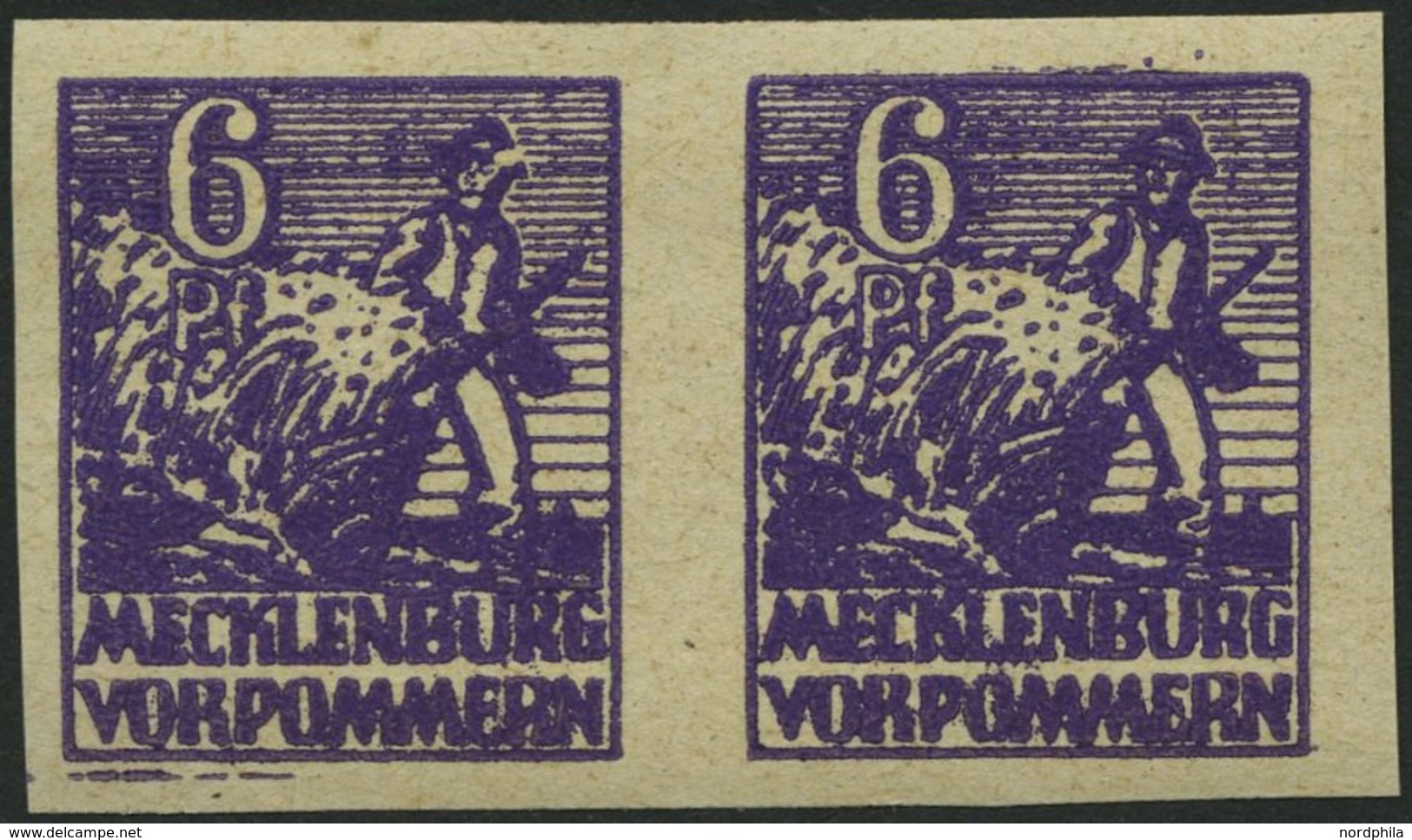 MECKLENBURG-VORPOMMERN 33ydU Paar **, 1946, 6 Pf. Dunkelrotviolett, Graues Papier, Ungezähnt, Im Waagerechten Paaar, Pra - Other & Unclassified