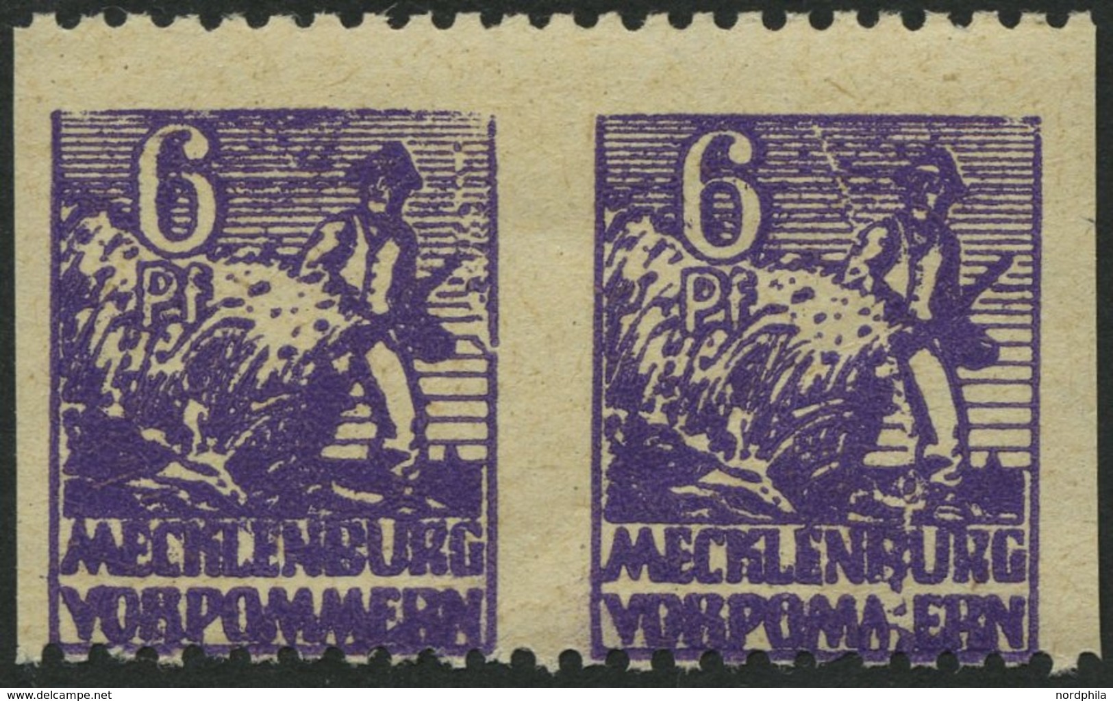 MECKLENBURG-VORPOMMERN 33ydUs Paar **, 1946, 6 Pf. Dunkelrotviolett, Graues Papier, Senkrecht Ungezähnt, Im Waagerechten - Autres & Non Classés