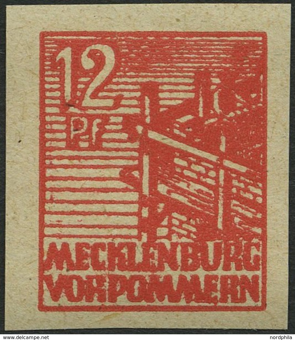 MECKLENBURG-VORPOMMERN 36yeU **, 1946, 12 Pf. Orangerot, Graues Papier, Ungezähnt, Pracht, Gepr. Kramp, Mi. 120.- - Other & Unclassified