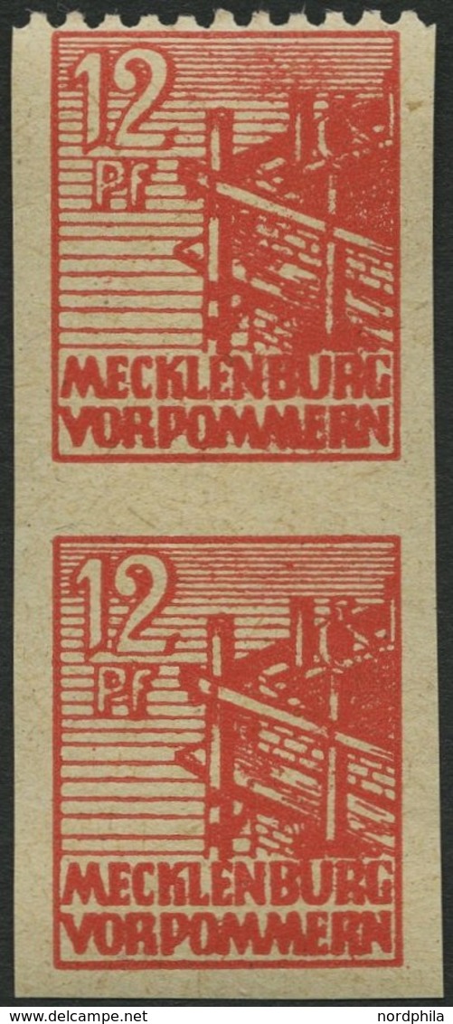 MECKLENBURG-VORPOMMERN 36yeU,Udr **, 1946, 12 Pf. Orangerot, Graues Papier, Im Senkrechten Paar, Ungezähnt, Obere Marke  - Other & Unclassified