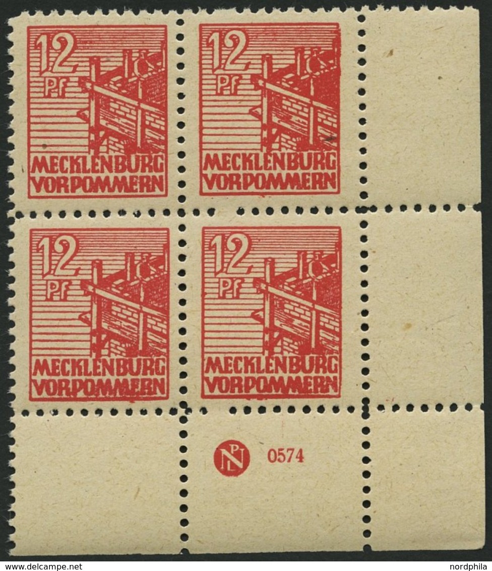 MECKLENBURG-VORPOMMERN 36zbDZ **, 1946, 12 Pf. Rot, Dünnes Papier, Glatter Gummi, Im Eckrandviererblock Mit Druckereizei - Autres & Non Classés