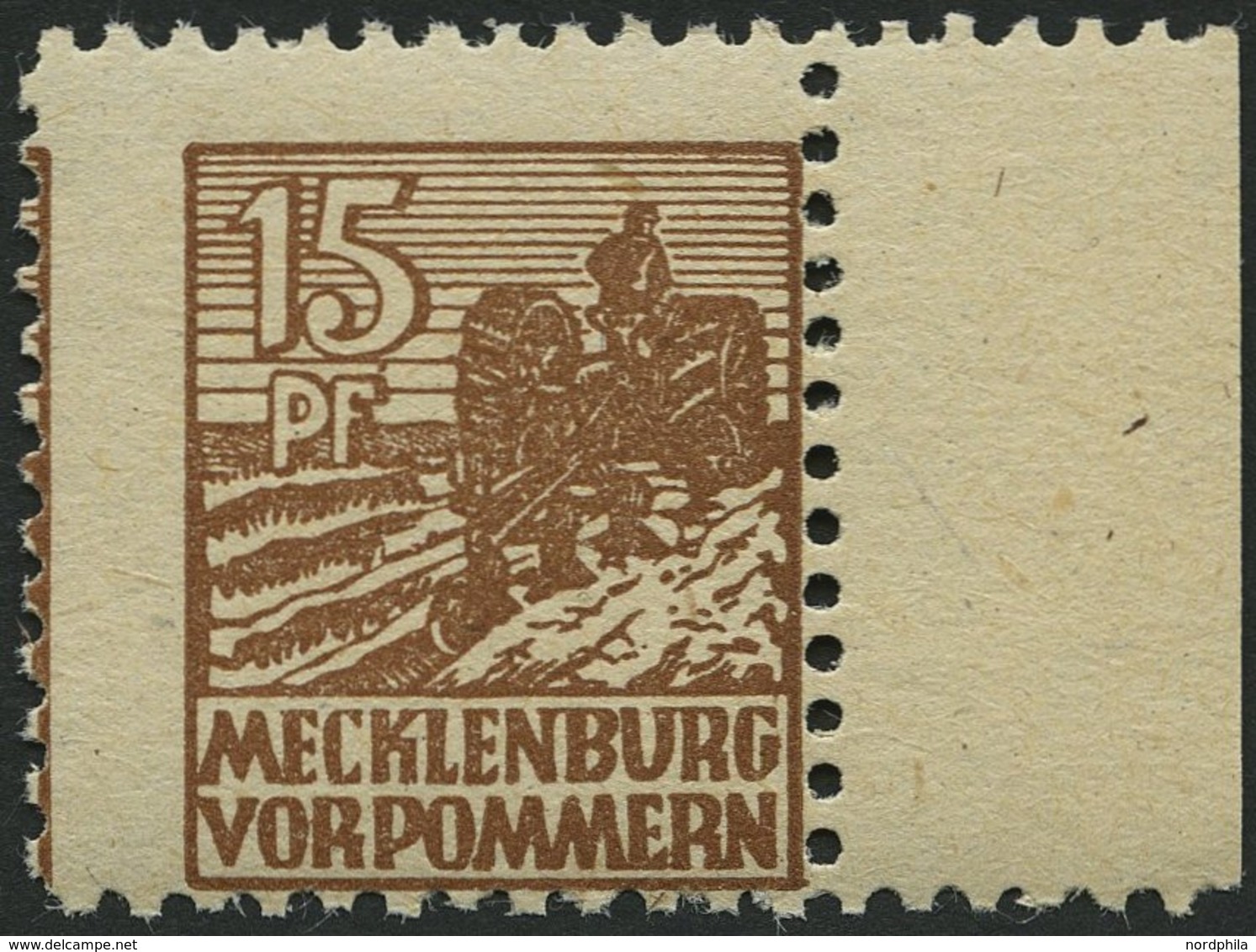 MECKLENBURG-VORPOMMERN 37ye **, 1946, 15 Pf. Orangebraun, Graues Papier, Rechtes Randstück, Pracht, Gepr. Kramp, Mi. 90. - Sonstige & Ohne Zuordnung