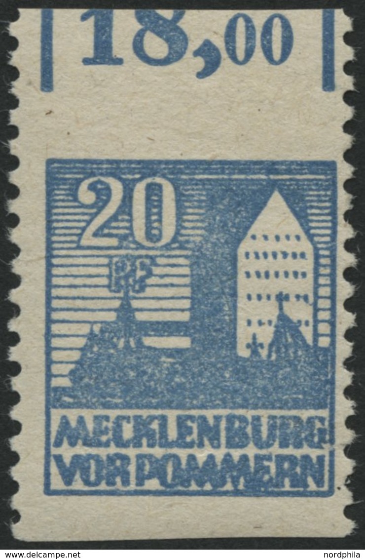 MECKLENBURG-VORPOMMERN 38yaUw **, 1946, 20 Pf. Blau, Waagerecht Ungezähnt, Pracht, Mi. 150.- - Autres & Non Classés