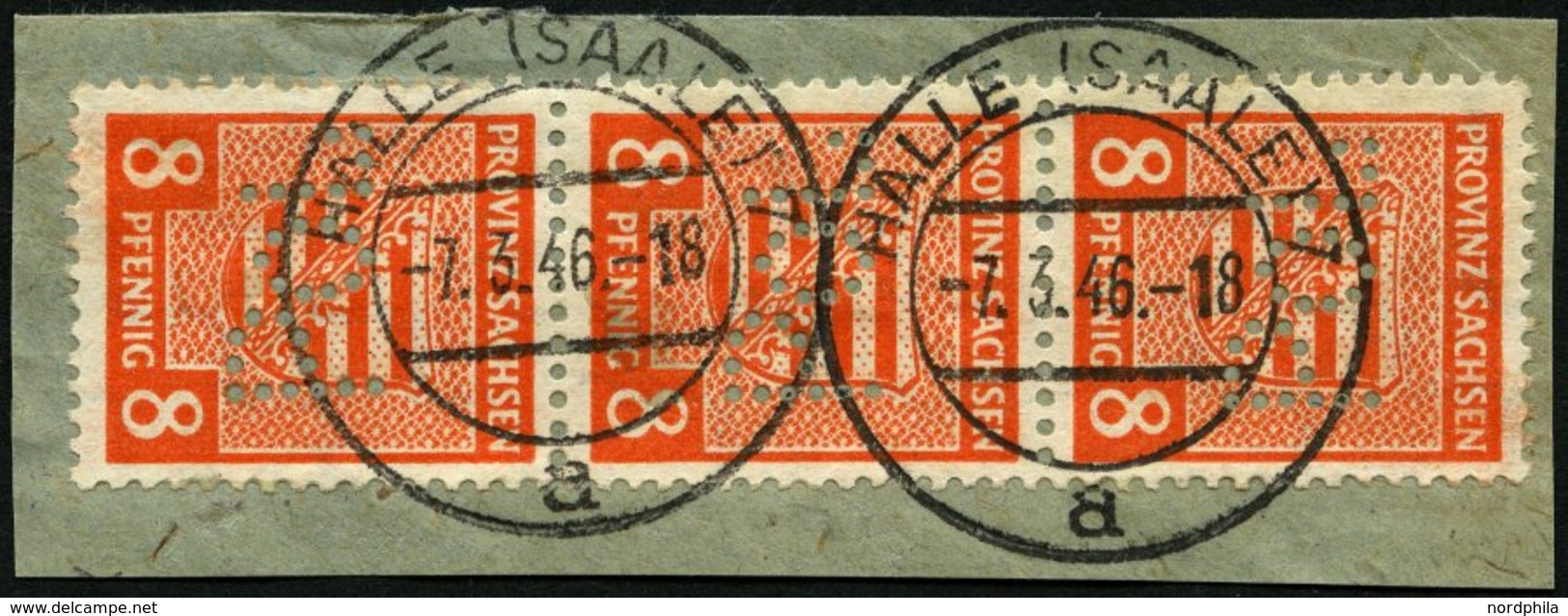 PROVINZ SACHSEN 77XPOL BrfStk, 1945, 8 Pf. Gelblichrot, Wz. 1X, Im Senkrechten Dreierstreifen Mit Kopfstehender POL-Loch - Sonstige & Ohne Zuordnung