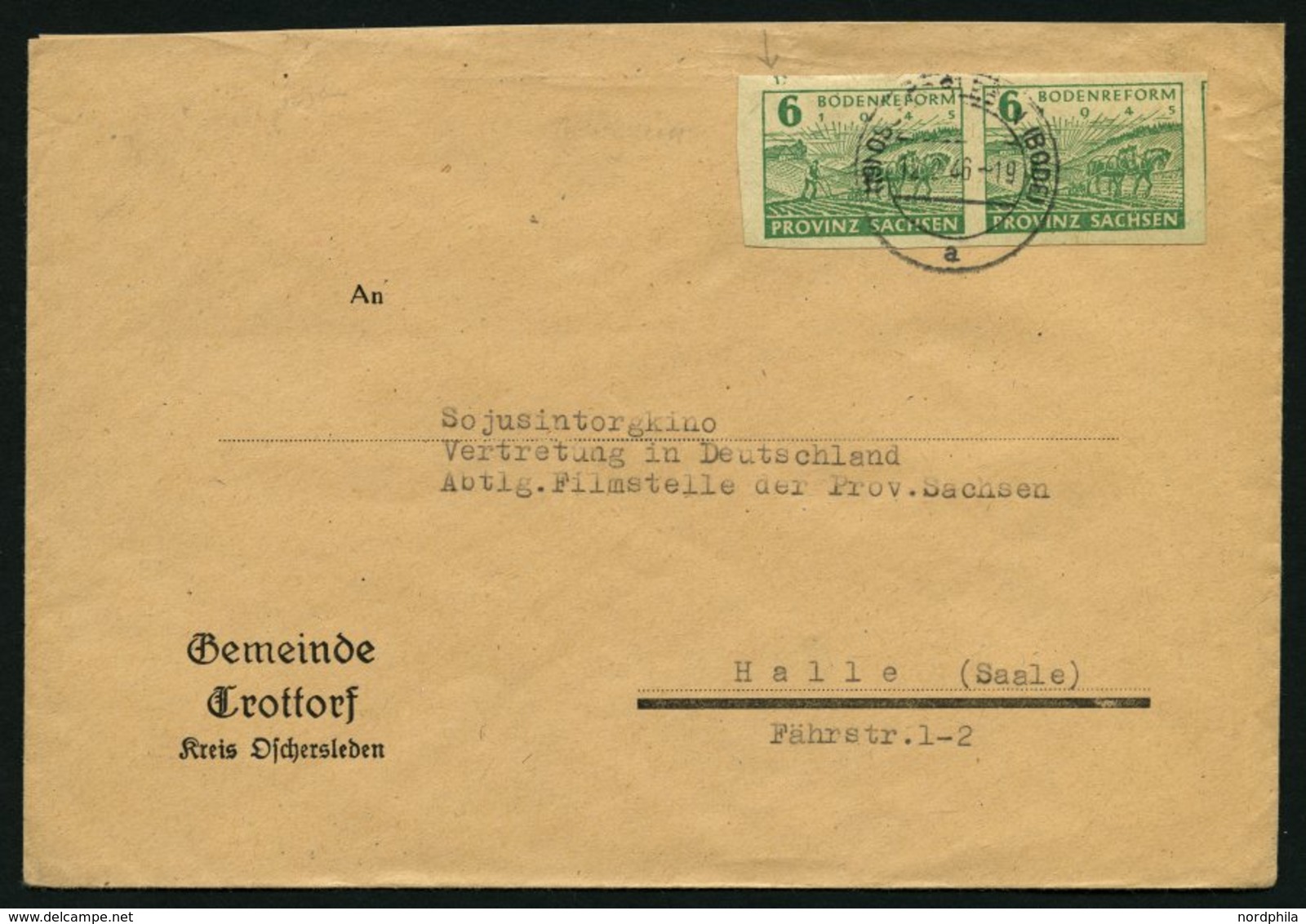 PROVINZ SACHSEN 85wb Paar BRIEF, 1945, 6 Pf. Lebhaftgrün Im Waagerechten Paar Auf Brief Aus OSCHERSLEBEN, Pracht, Kurzbe - Autres & Non Classés