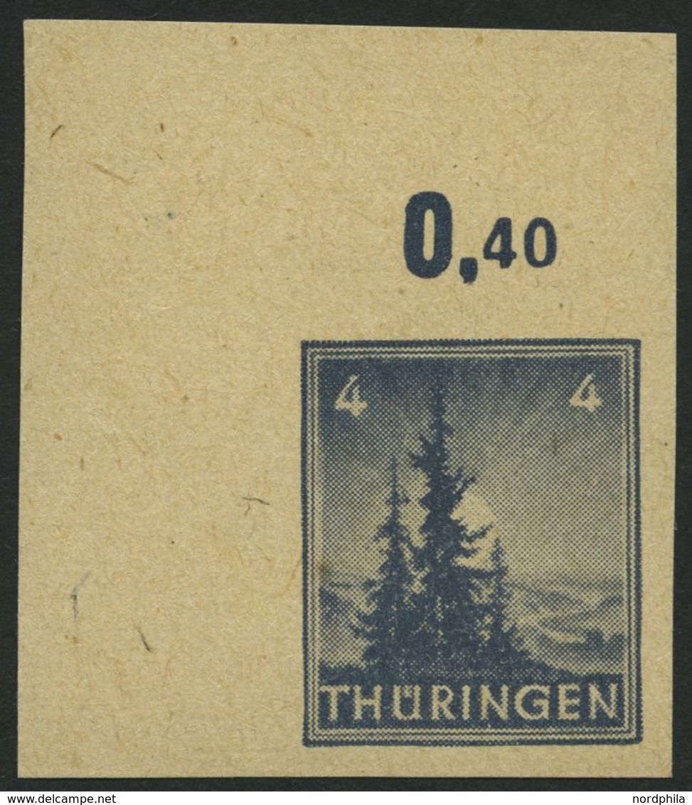 THÜRINGEN 93V1 **, 1946, Versuchsdruck: 4 Pf. Schwarzblaugrau, Vollgunmmierung, Ungezähnt, Obere Linke Bogenecke, Pracht - Other & Unclassified