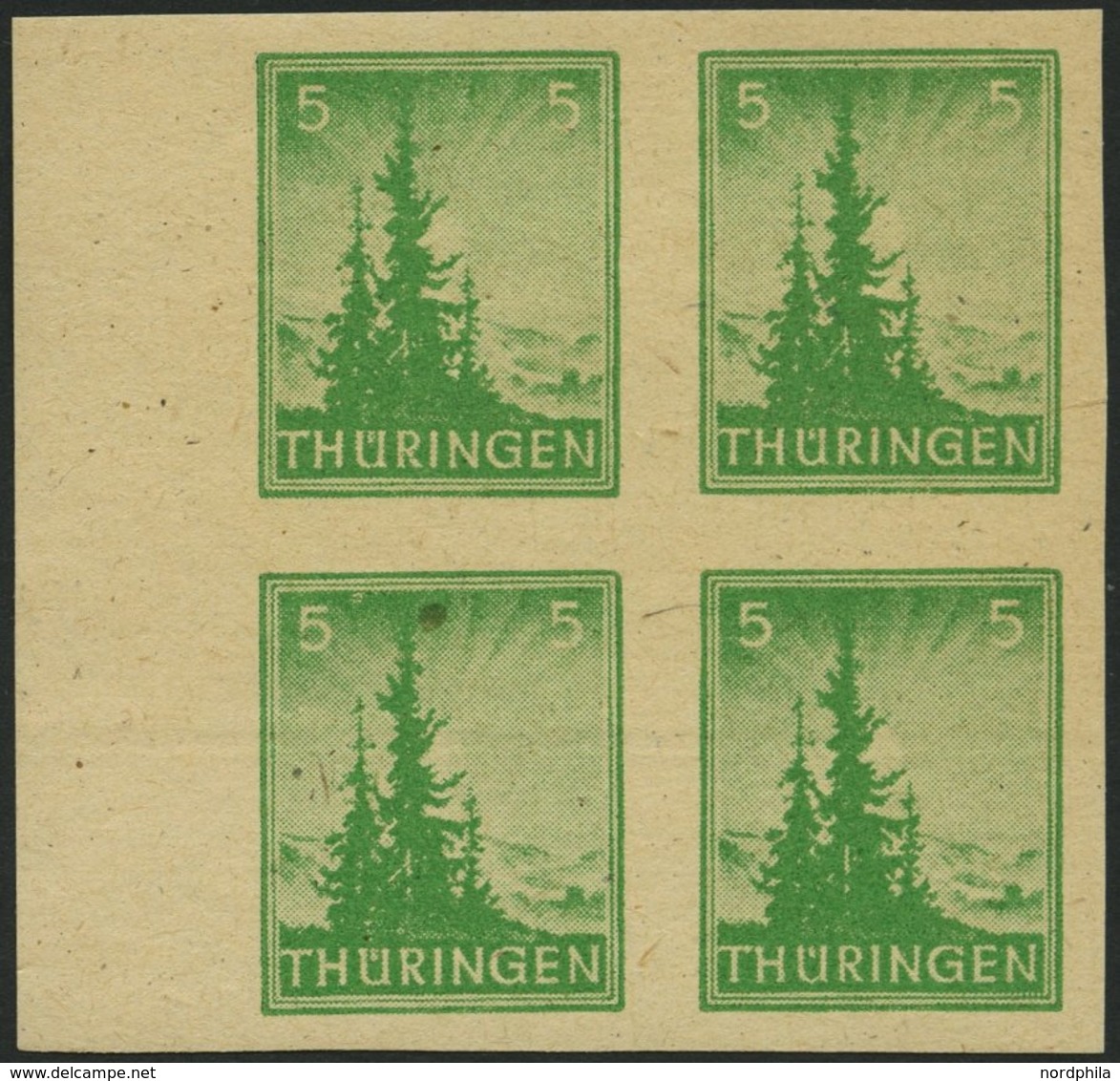 THÜRINGEN 94AXwU VB **, 1945, 5 Pf. Gelblichgrün, Vollgummierung, Ungezähnt, Im Randviererblock, Pracht, Gepr. Herpichbö - Sonstige & Ohne Zuordnung