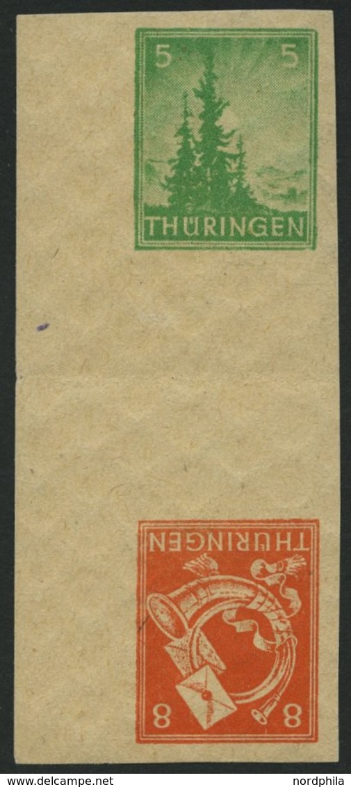 THÜRINGEN 94/6SKZU **, 1945, 5 Pf. Gelblichgrün Und 8 Pf. Rotorange Im Senkrechten Kehrdruckpaar Mit Zwischensteg, Ungez - Sonstige & Ohne Zuordnung