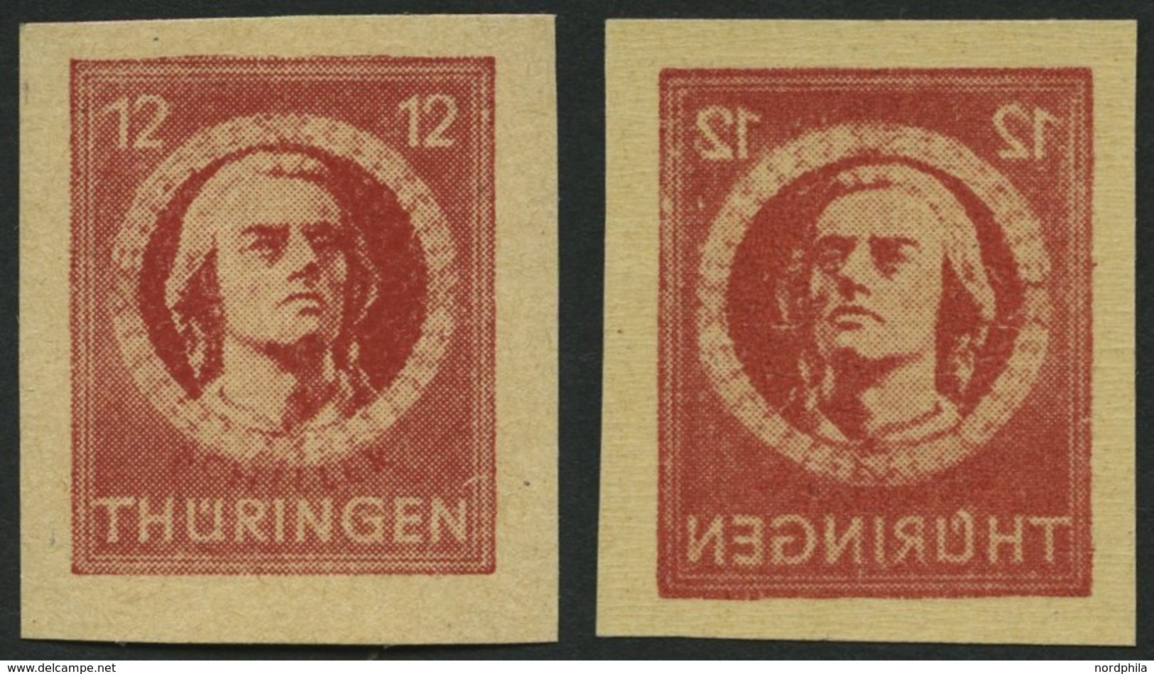 THÜRINGEN 97AXaqU **, 1945, 12 Pf. Karminrot, Vollgummierung, Graues Kartonpapier, Ungezähnt Und Deutlicher Abklatsch, P - Autres & Non Classés