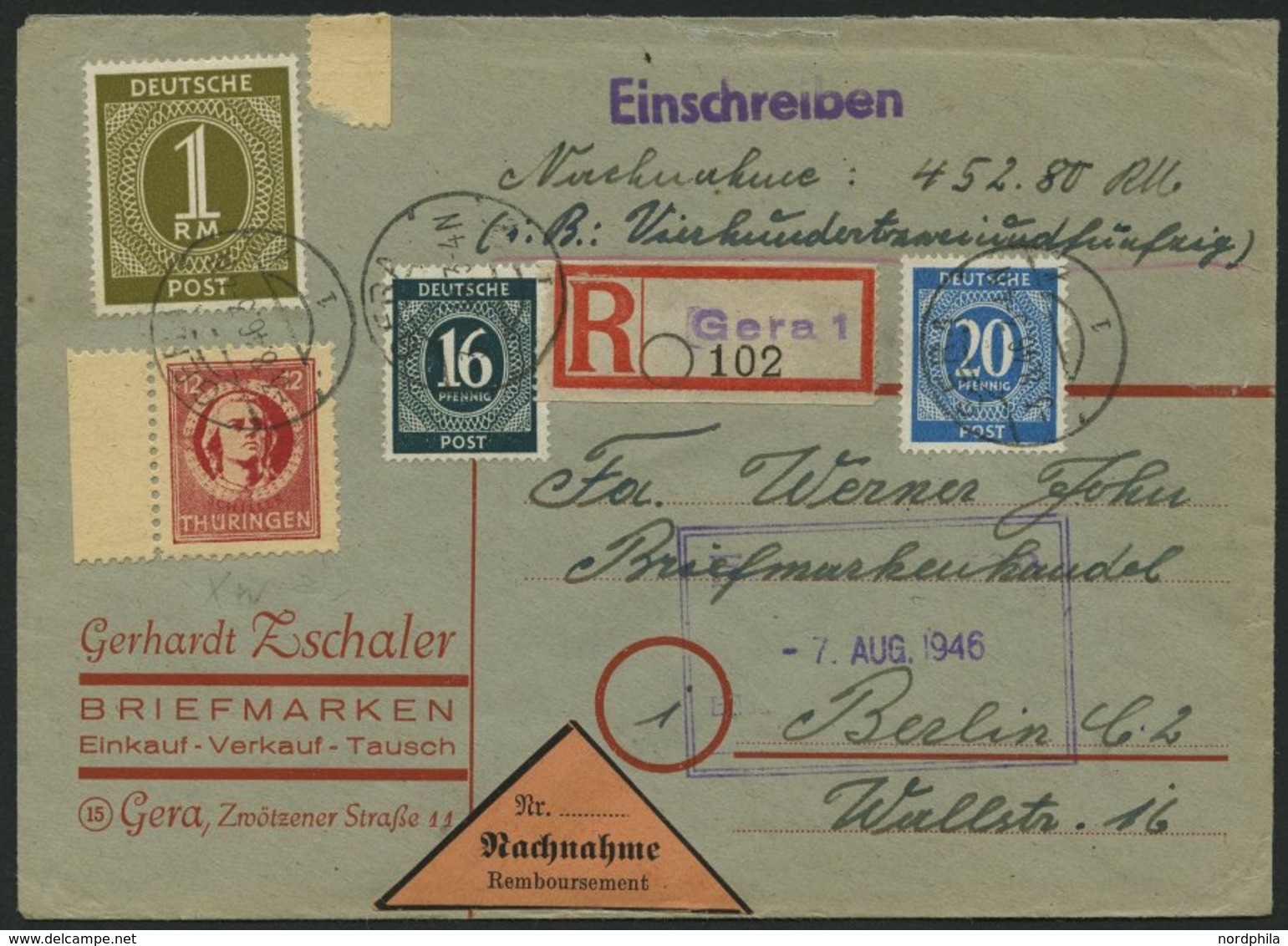 THÜRINGEN 97AXaw BRIEF, 1945, 12 Pf. Karminrot, Vollgummierung, Dickes Papier, überfrankiert Mit 3 Werten I. Kontrollrat - Other & Unclassified