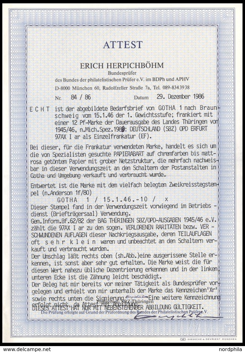 THÜRINGEN 97AXbp2U **, 1945, 12 Pf. Dunkelbräunlichrot, Vollgummierung, Dickes Papier, Fallende Papierstreifung, Ungezäh - Altri & Non Classificati