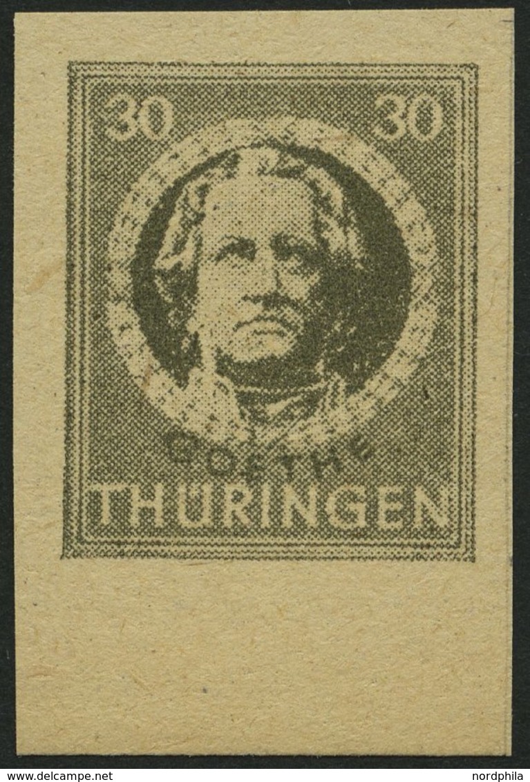 THÜRINGEN 99BXaw **, 1945, 30 Pf. Olivgrau, Ungezähnt, Vollgummierung, Dickes Papier, Pracht, Attestkopie Ströh Eines Eh - Autres & Non Classés