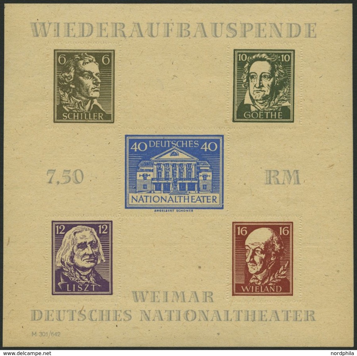 THÜRINGEN Bl. 3Bbya **, 1945, Block Nationaltheater, Durchstochen, Mi.Nr. 107 In Dunkelbraunoliv, Feinst, Fotoattest Jas - Sonstige & Ohne Zuordnung