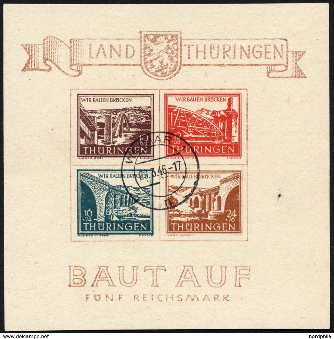 THÜRINGEN Bl. 4a O, 1946, Brückenblock, Type I, Mit Stempel WEIMAR 29.3.46 (ein Tag Vor Ersttag), Pracht, R!, Gepr. Zier - Autres & Non Classés