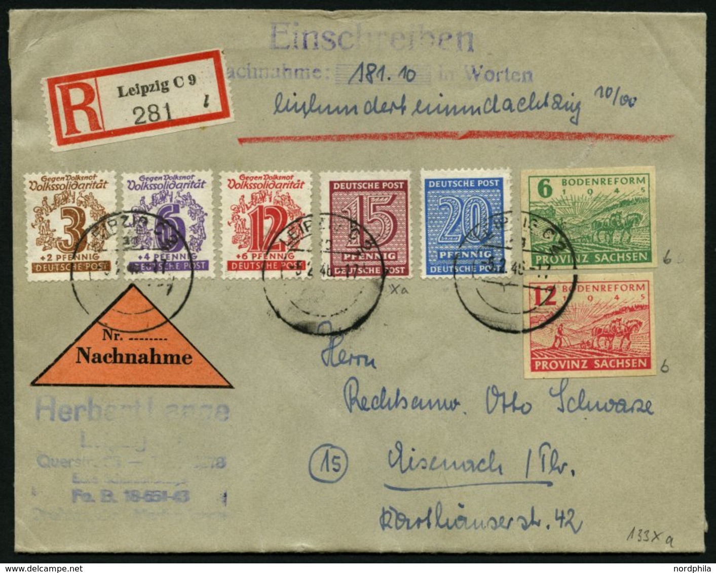 WEST-SACHSEN 133Xa BRIEF, 1945, 15 Pf. Lilakarmin, Wz. 1X, Mit Zusatzfrankatur (u.a. Nr. 85/6wb) Auf Nachnahme-Einschrei - Other & Unclassified