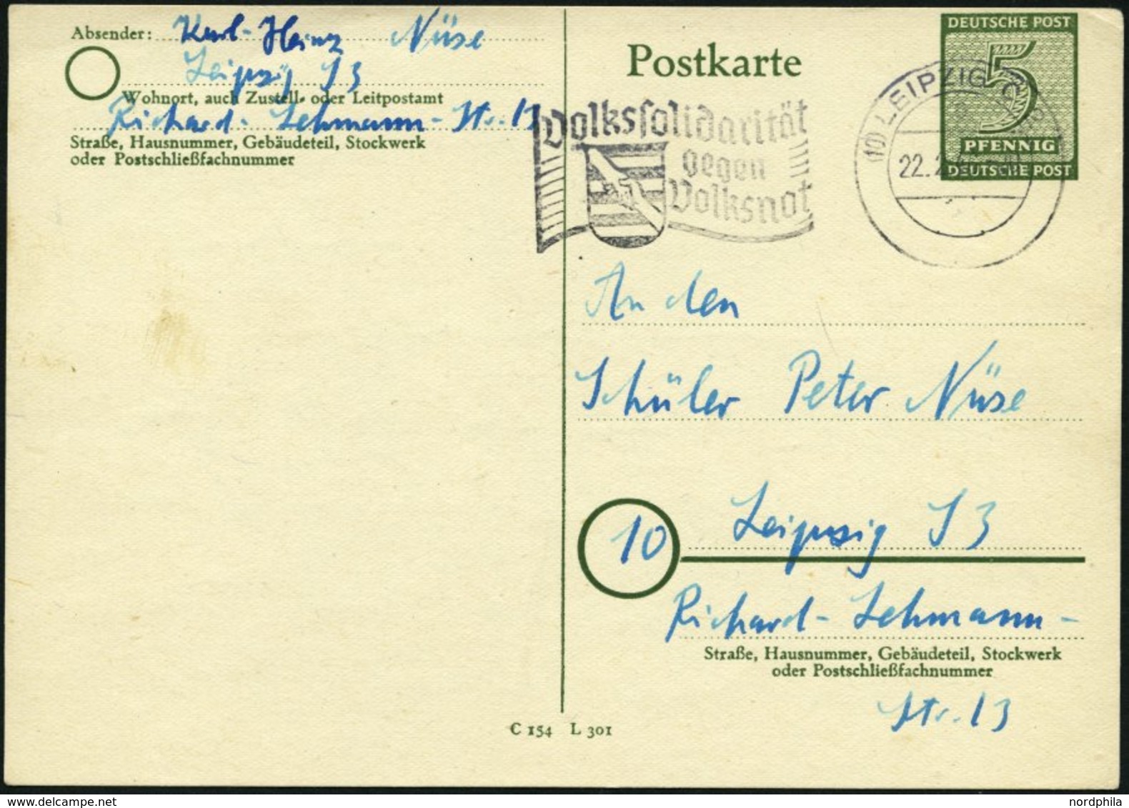 WEST-SACHSEN P 16 BRIEF, 1945, 5 Pf. Grün Auf Ortskarte, Stempel LEIPZIG VOLKSSOLIDARITÄT GEGEN VOLKSNOT, Feinst, Mi. 20 - Sonstige & Ohne Zuordnung