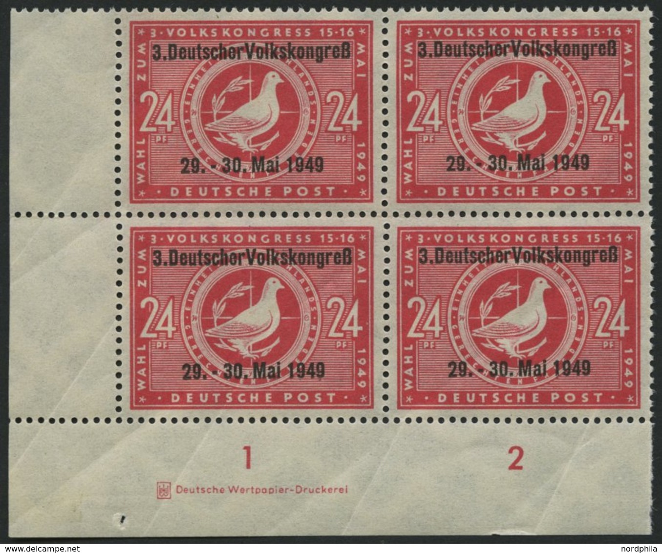 ALLGEMEINE-AUSGABEN 233IDZ **, 1949, 24 Pf. 3. Volkskongreß, Aufdruck Type I, Mit Druckereizeichen Im Viererblock Aus De - Other & Unclassified