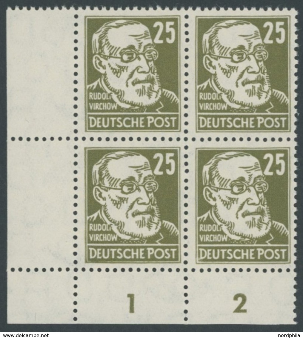 DDR 334z VB **, 1952, 25 Pf. Virchow, Gewöhnliches Papier, Im Linken Unteren Eckrandviererblock, Postfrisch, Pracht, Mi. - Oblitérés