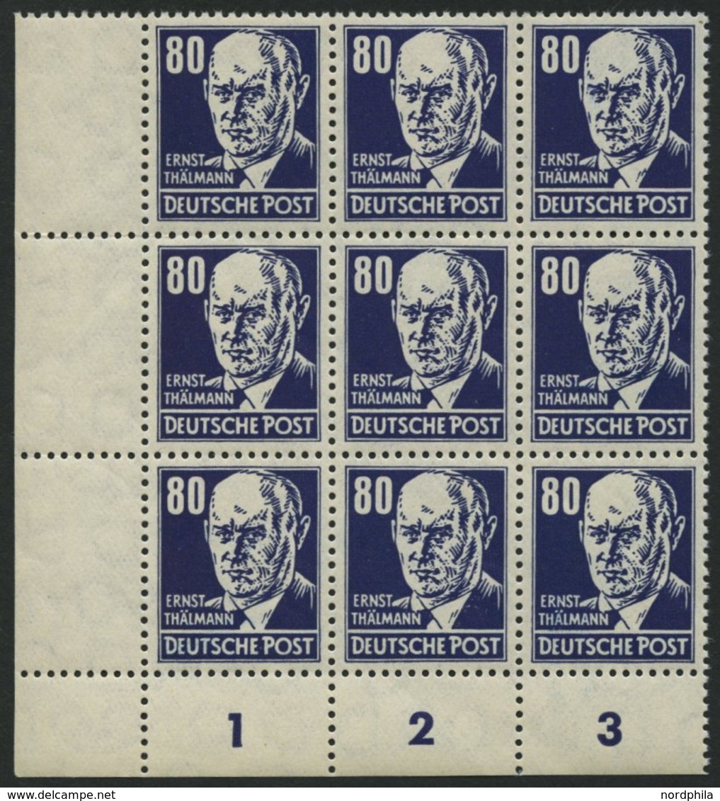 DDR 339PFIII **, 1952, 80 Pf. Thälmann Mit Plattenfehler Fleck Am Kinn Und Strich Am Kragen (Feld 73) Im Neunerblock Aus - Used Stamps