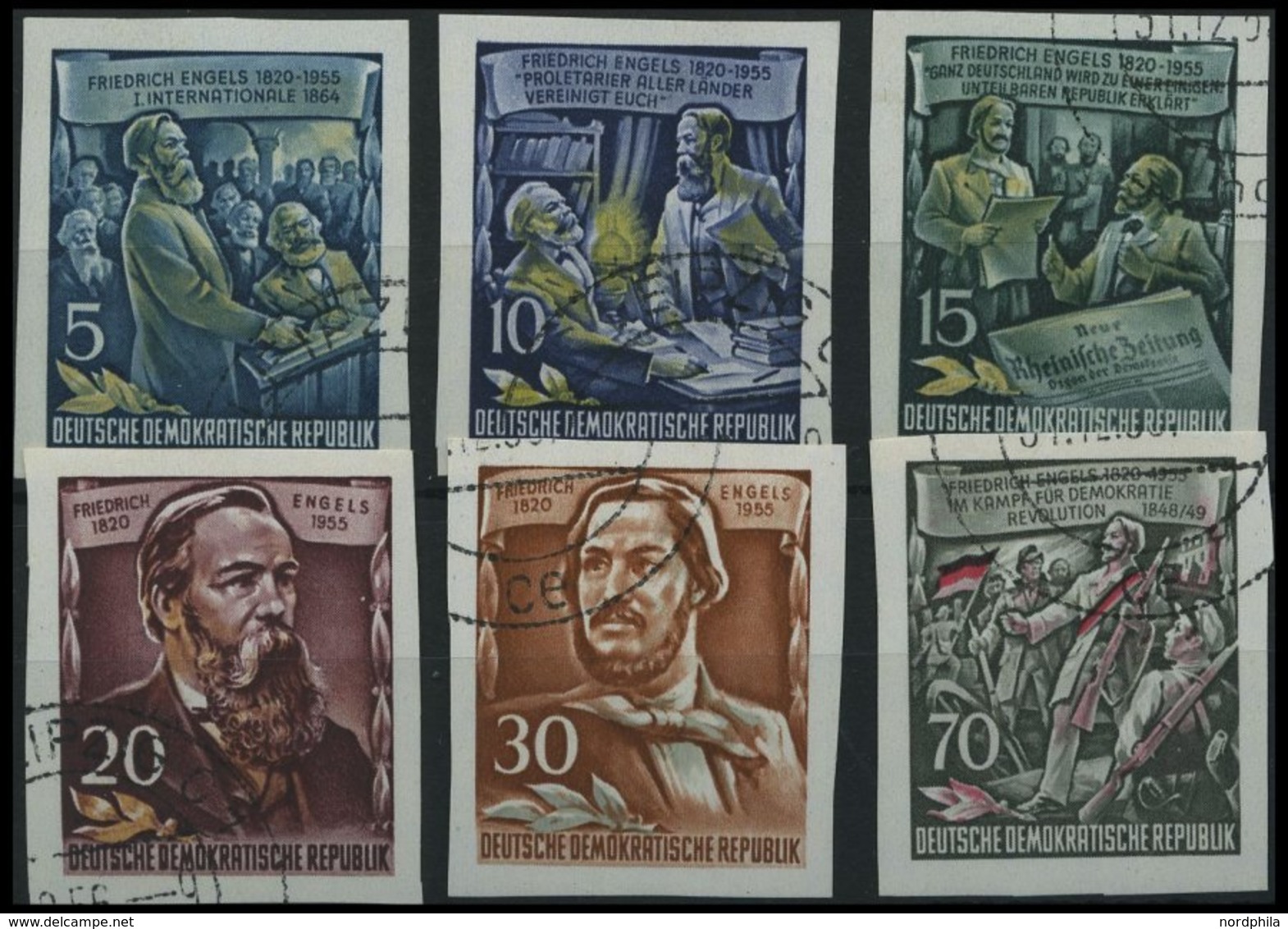 DDR 485-90B O, 1955, Einzelmarken Engels, Ungezähnt, Prachtsatz, Mi. 60.- - Oblitérés