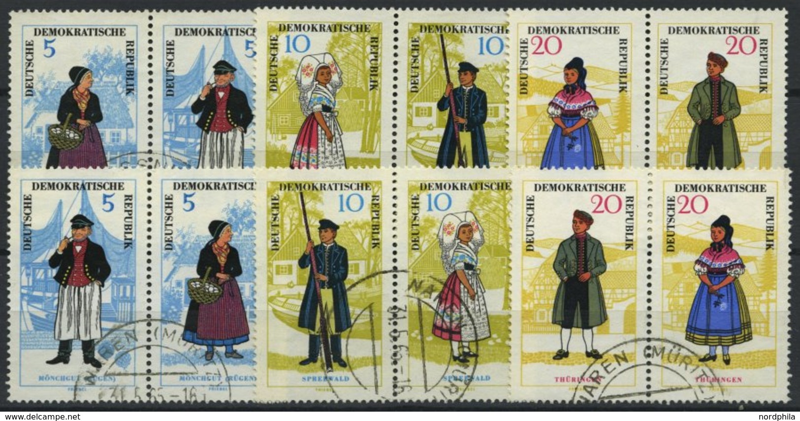 DDR 1074-79 O, 1964, Volkstrachten, 6 Waagerechte Paare (W Zd 144-149), Pracht, Mi. 73.- - Usati