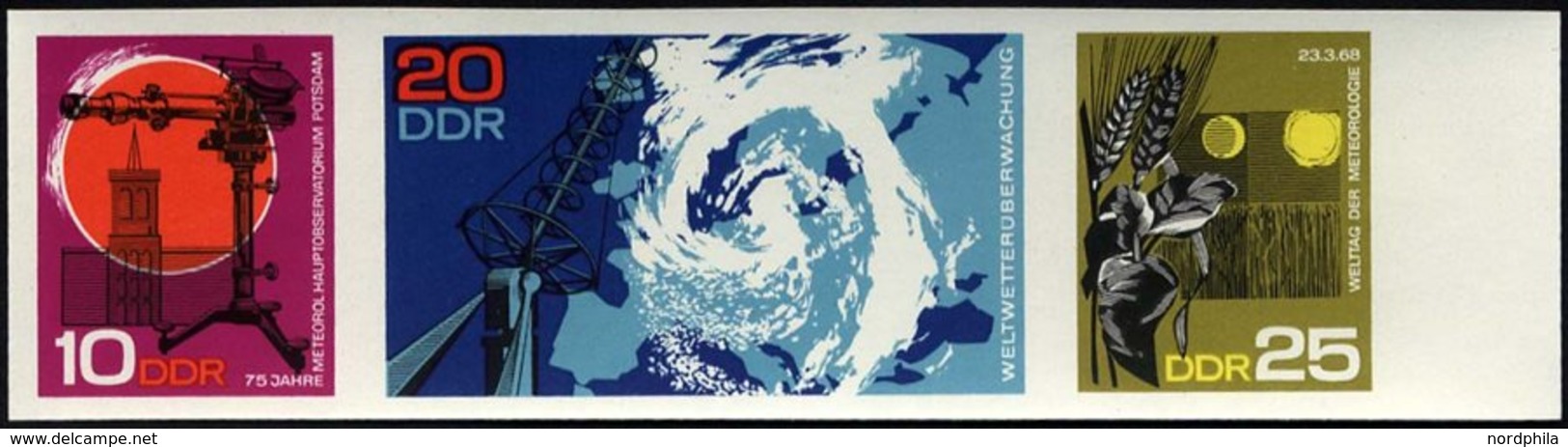 DDR 1343-45U **, 1968, 75 Jahre Meteorologisches Hauptobservatorium, Ungezähnter Dreierstreifen, Pracht - Gebraucht