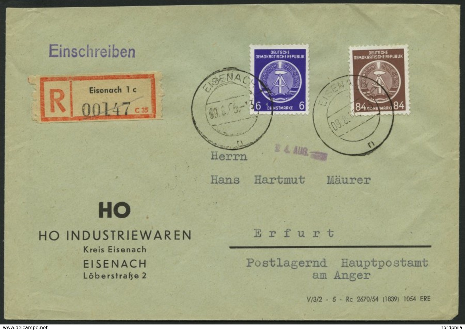 DIENSTMARKEN A D 2,17 BRIEF, 1956, 84 Pf. Lebhaftrötlichbraun Mit 6 Pf. Zusatzfrankatur Auf Einschreibbrief, Pracht - Sonstige & Ohne Zuordnung