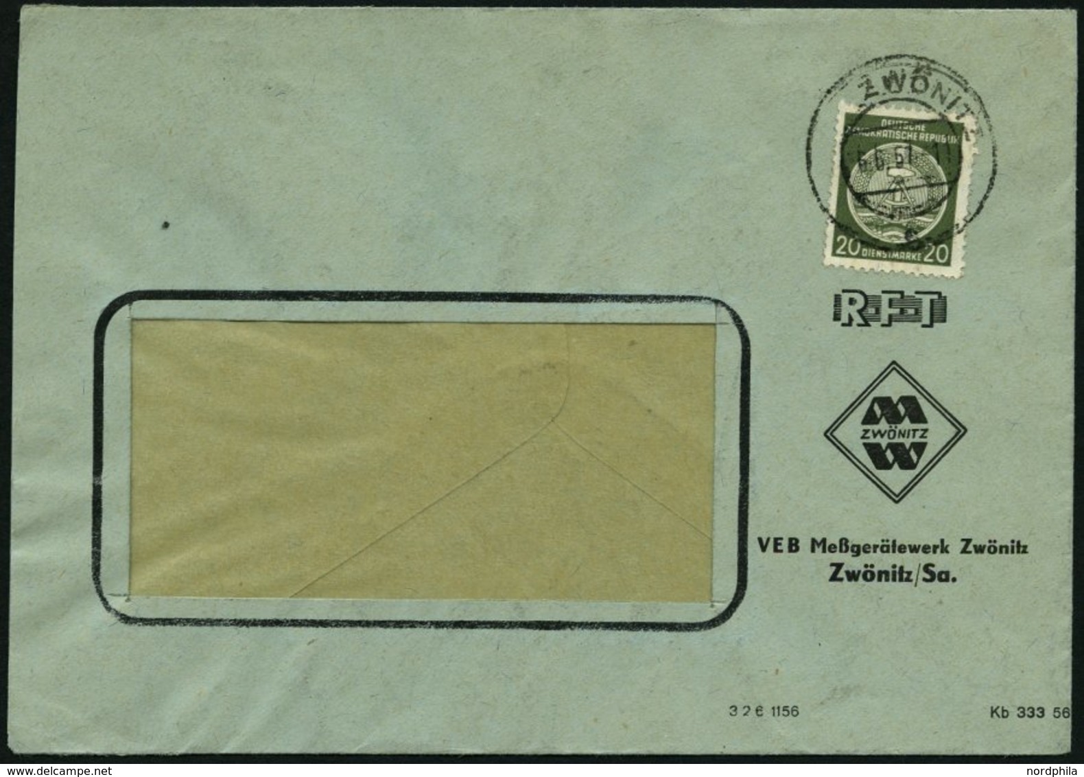 DIENSTMARKEN A D 32IXI BRIEF, 1956, 20 Pf. Schwarzgelboliv, Faserpapier, Type I, Wz. XI, Einzelfrankatur Auf Fensterumsc - Sonstige & Ohne Zuordnung