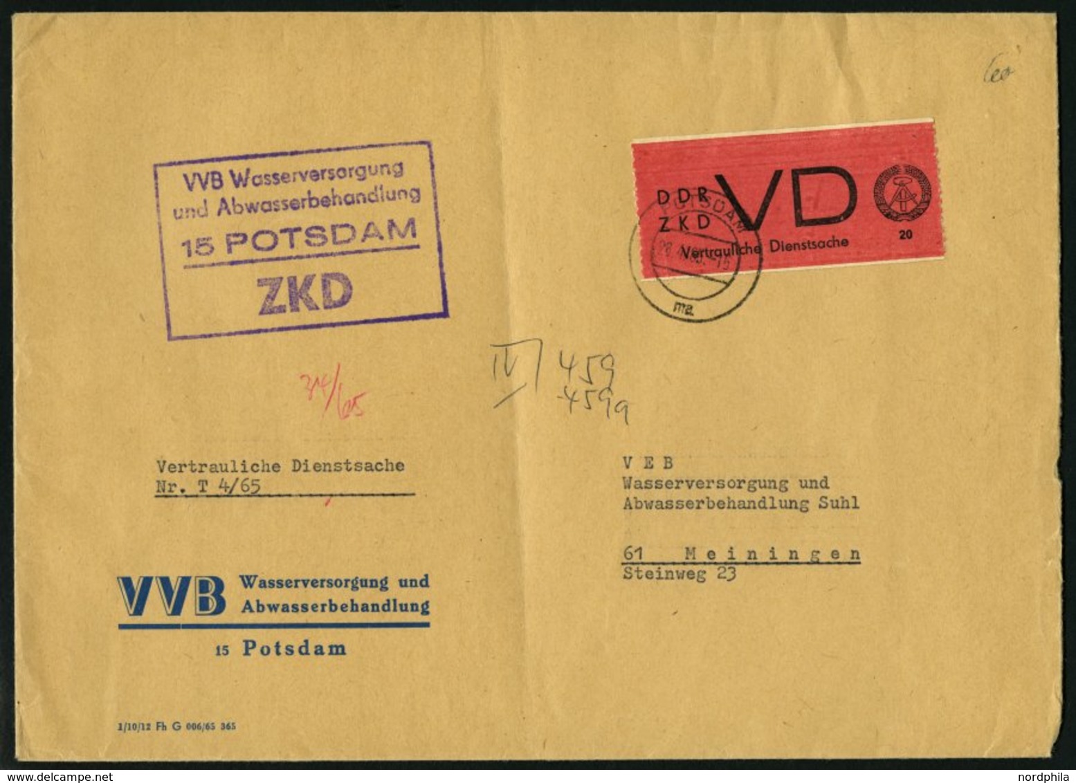 DIENSTMARKEN D VD 1A BRIEF, 1965, 20 Pf. Bräunlichrot/schwarz, Gezähnt 91/2, Auf Brief Aus POTSDAM, 1x Gefaltet Sonst Pr - Other & Unclassified