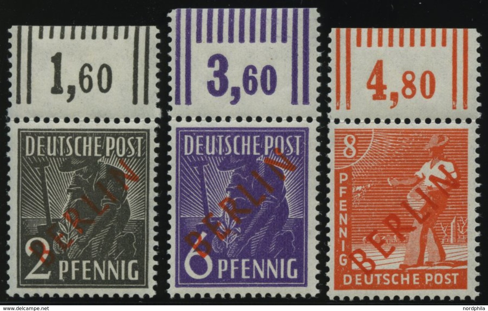 BERLIN 21-23WOR **, 1949, 2, 6 Und 8 Pf. Rotaufdruck, Walzendruck, Oberrandstücke, 3 Prachtwerte, Gepr. D. Schlegel, Mi. - Altri & Non Classificati