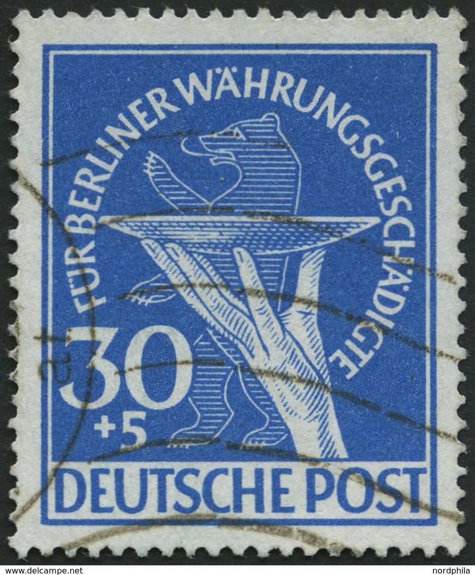 BERLIN 70I O, 1949, 30 Pf. Währungsgeschädigte Mit Abart Senkrechter Schraffierungstrich In Der Opferschale, Teils Welle - Autres & Non Classés