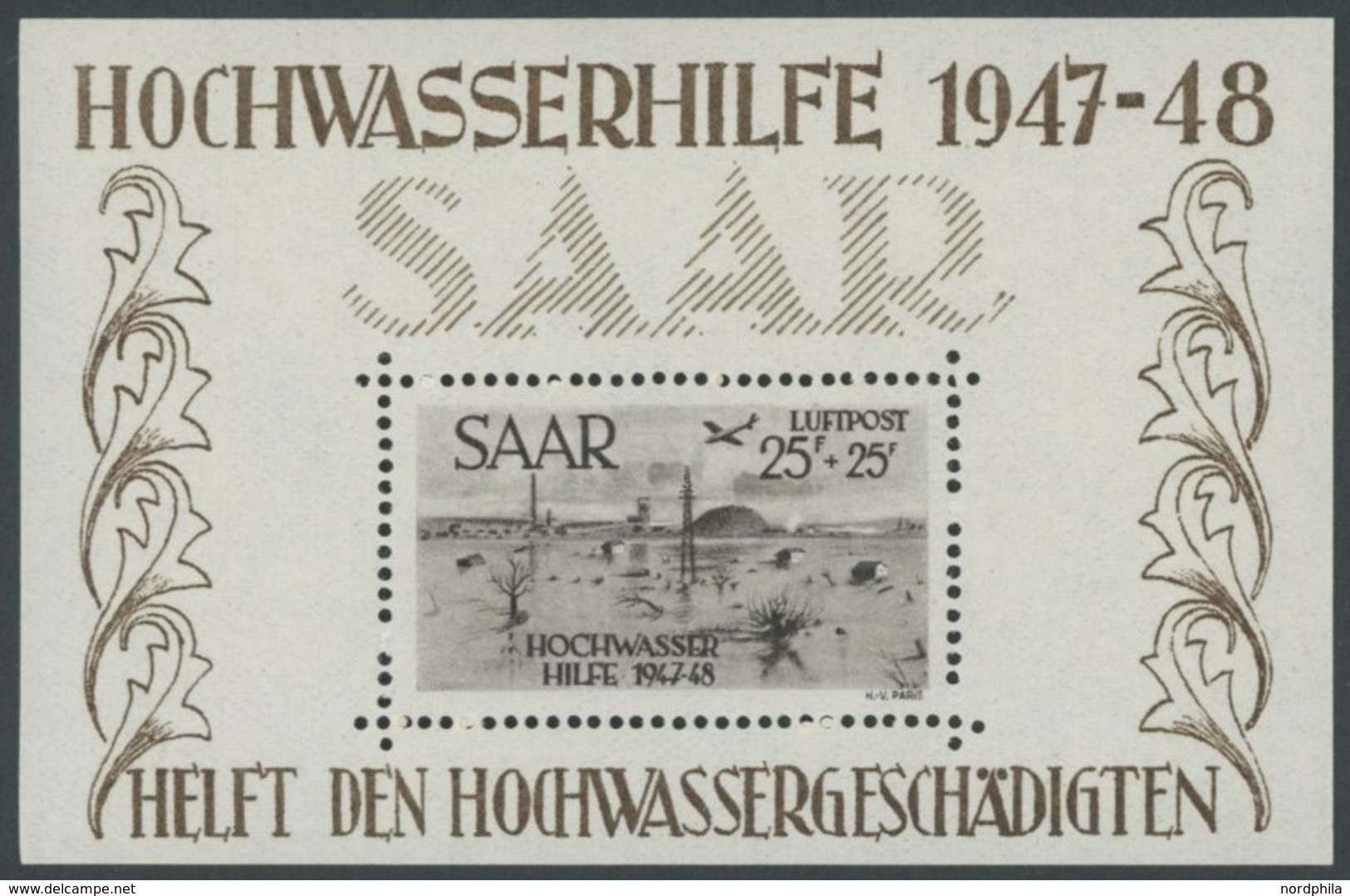 SAARLAND Bl. 2 *, 1948, Kleiner Block Hochwasserhilfe, Falzreste Im Rand, Pracht, Mi. 250.- - Autres & Non Classés