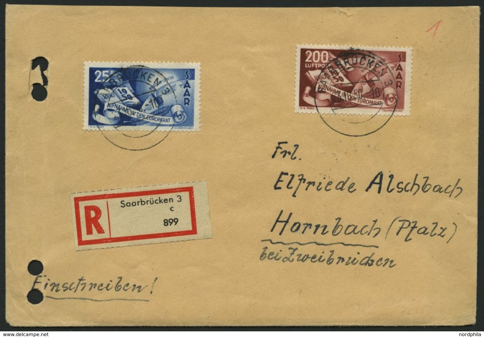 SAARLAND 297/8 BRIEF, 1950, Europarat Auf Einschreibbrief, Pracht, Fotoattest Ney: Der Brief Wurde Beim Empfänger Durch  - Other & Unclassified