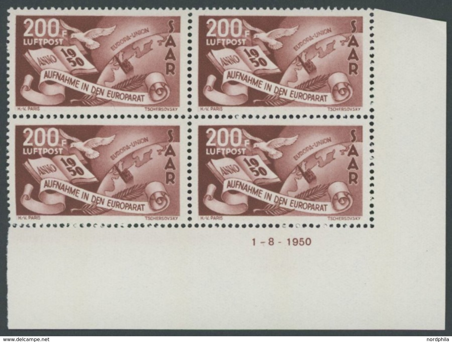 SAARLAND 298Br **, 1950, 200 Fr. Flugpost Im Viererblock Aus Der Rechten Unteren Bogenecke Mit Druckdatum, Pracht - Sonstige & Ohne Zuordnung