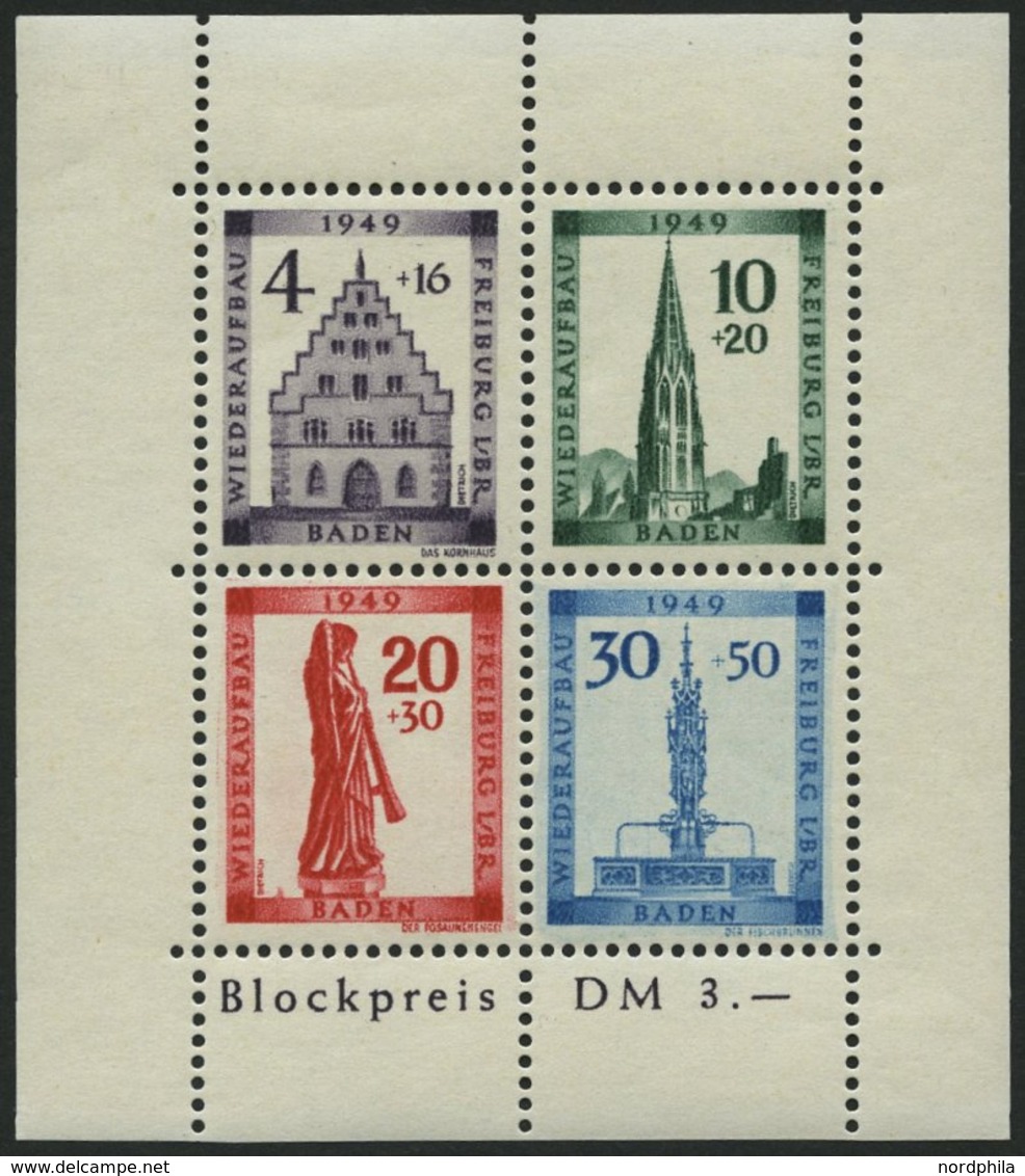 BADEN Bl. 1AI **, 1949, Block Freiburg, Gezähnt, Mit Abart Sirene Neben Sockel Des Engels, Pracht, Gepr. Schlegel, Mi. 3 - Other & Unclassified