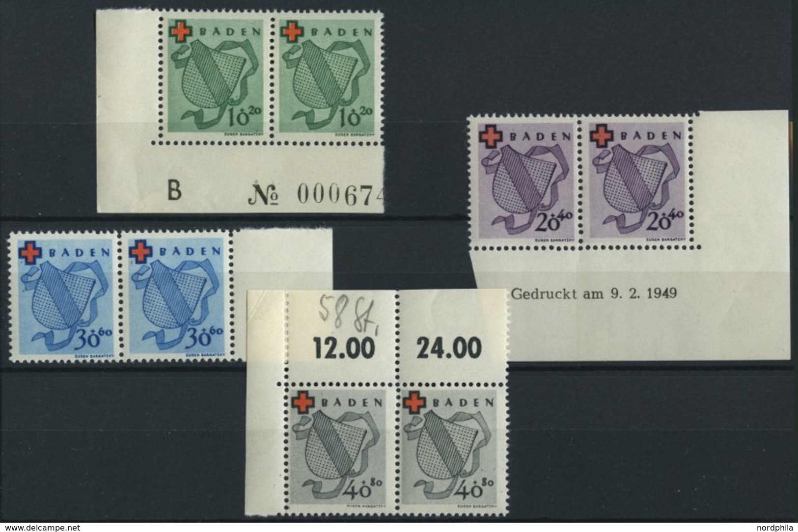 BADEN 42-45 Paar **, 1949, Rotes Kreuz In Waagerechten Paaren, 20 Pf. Mit Druckdatum, Prachtsatz - Autres & Non Classés