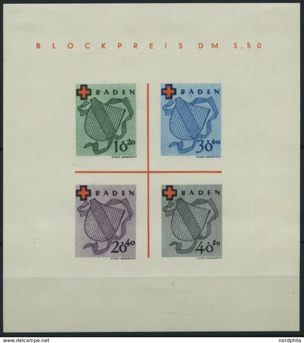BADEN Bl. 2II/II (*), 1949, Block Rotes Kreuz, Type II: Farbfleck Unten An Der 40, Falzreste Im Ungummierten Rand, Prach - Sonstige & Ohne Zuordnung