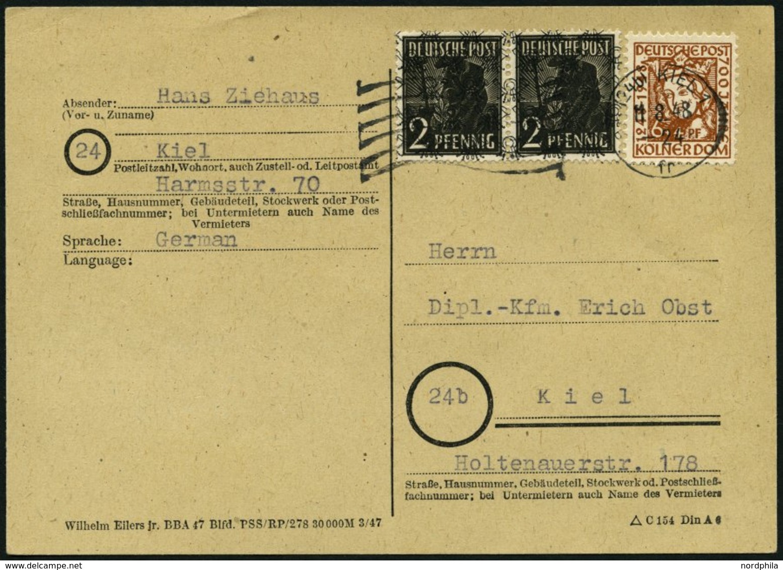 AMERIK. U. BRITISCHE ZONE 36II Paar,69 BRIEF, Mischfrankatur: 1948, 2 Pf. Netzaufdruck Im Waagerechten Paar Mit 6 Pf. Kö - Sonstige & Ohne Zuordnung