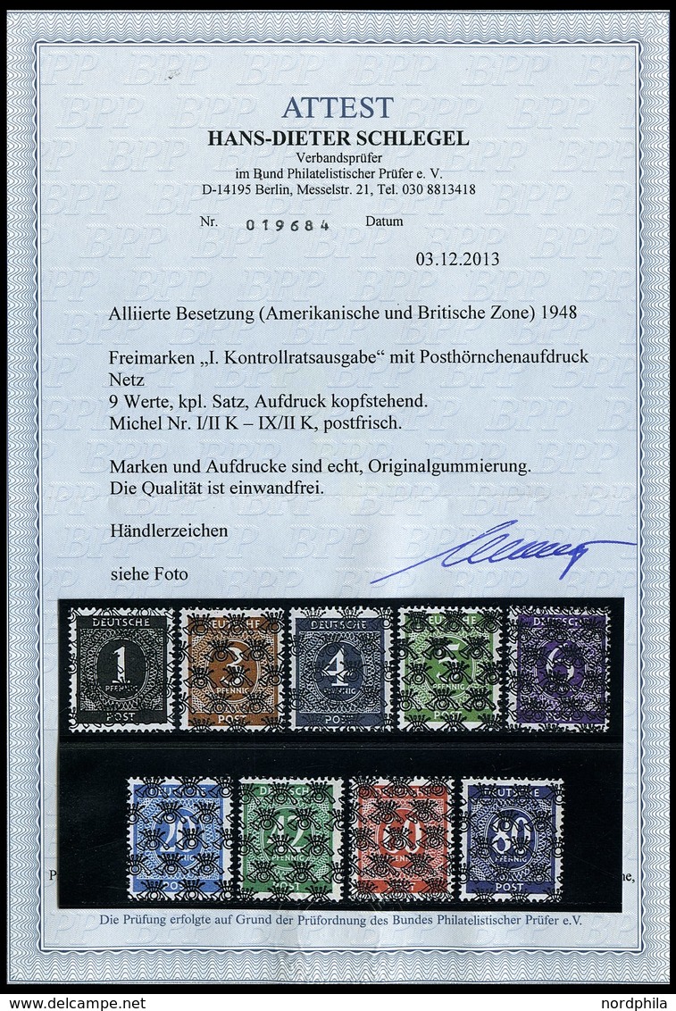 AMERIK. U. BRITISCHE ZONE I-IX/IIK **, 1948, 1 - 80 Pf. Netzaufdruck, Mit Kopfstehenden Aufdrucken, Prachtsatz (9 Werte) - Other & Unclassified