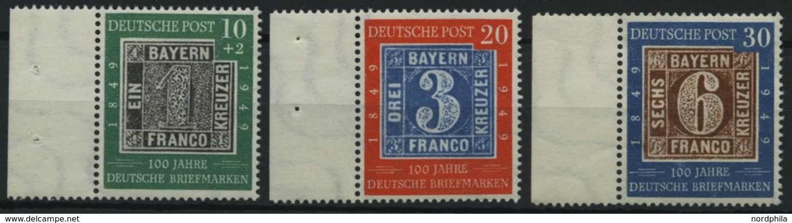 BUNDESREPUBLIK 113-15 **, 1949, 100 Jahre Briefmarken Vom Linken Rand, Prachtsatz - Usati